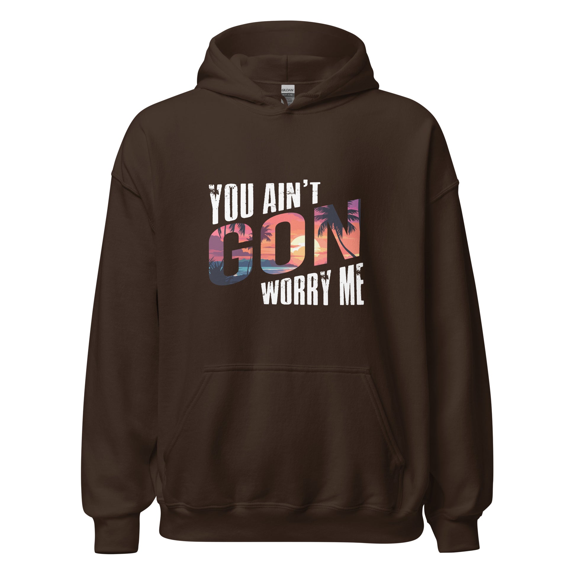 Dark Chocolate You Ain't Gon Worry Me® Sunset Edition Unisex Hoodie featuring warm sunset-inspired artwork on a premium fleece hoodie designed for everyday comfort, confidence, and peace over pressure.