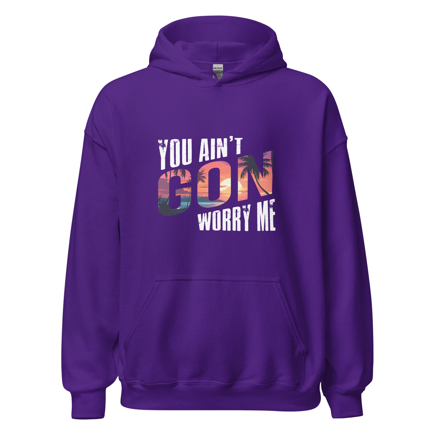 Purple You Ain't Gon Worry Me® Sunset Edition Unisex Hoodie featuring warm sunset-inspired artwork on a premium fleece hoodie designed for everyday comfort, confidence, and peace over pressure.